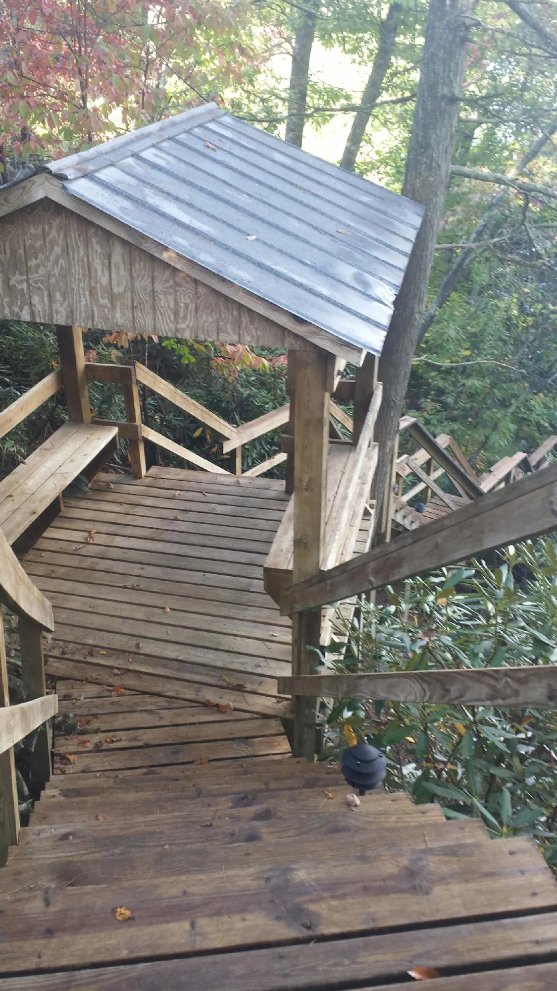 Metal roofed shelter over wooden steps on a wooded walkway — Skylight Repair & Installation work by our crew in Ellenwood